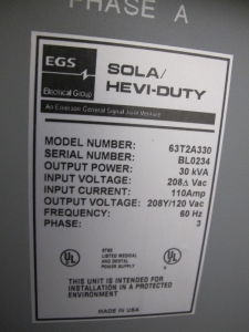 EGS REGULATOR, VOLTAGE TYPE, 208Y/120 AC VOLTS, 30 KVA, 3 PHASE. CONSTANT. LOCATED AT W-50 . LOADING AND HANDLING FEE $25-458