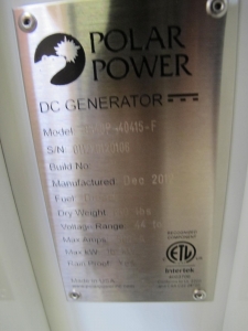 POLAR POWER, MODEL # 8340P-40415-F, DC BACKUP GENERATOR, DIESEL POWER TYPE, VOLTAGE RANGE 44-62 VOLTS, MAX AMPS 360, MAX KILOWATTS 16, W/ SUPRA SERIES DC GENERATOR DIGITAL CONTROLLER ELECTRIC TYPE, 20 GAL INTEGRATED DOUBLE WALLED FUEL TANK,INTEGRATED CONTROL SYSTEM. POWER POLAR 8340P-40415. LOCATED AT W-50 . LOADING AND HANDLING FEE $25-460