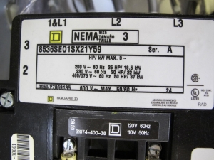 NLI STARTER, ELECTRIC MOTOR TYPE, MCC BUCKET KIND, 36"H X 14"W SIZE, 3 NEMA SIZE. COMPLETE WITH DOOR. INCLUDES THE FOLLOWING COMPONENTS: > NEMA SIZE 3 FULL VOLTAGE NON-REVERSING STARTER,   WITH BIMETALLIC OVERLOAD RELAY (INCLUDES THREE   HEATERS) > 4NO <(>&<)> 4NC AUXILIARY CONTACTS > 100A MAGNETIC ONLY CIRCUIT BREAKER > 300VA CURRENT POTENTIAL TRANSFORMER > TWO 2500 OHM 25W ADJUSTABLE. LOCATED AT W-50 . LOADING AND HANDLING FEE $25-461