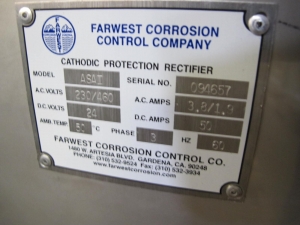 FARWEST CORROSION CONTROL COMPANY, RECTIFIER, CATHODIC KIND, PROTECTION OTHER, 50 AMP, 24 VOLT. FOR CATHODIC PROTECTION SYSTEM AIR COOLED, 230/460 VAC, AC/DC LIGHTNING PROTECTION, S/S CASE INCLUDES CUSTOMER INTERRUPTER CIRCUIT W/HYBRID DIODE/SCR STACK FRONT PANEL TERMINAL BLOCK 100 WATT HEATER WITH BKR.<(>&<)> THERMO DUAL DC CIRCUIT BREAKERS S/S CABINET.. LOCATED AT W-50 . LOADING AND HANDLING FEE $25-464