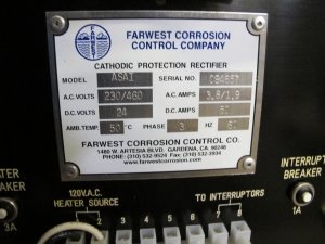 FARWEST CORROSION CONTROL COMPANY, RECTIFIER, CATHODIC KIND, PROTECTION OTHER, 50 AMP, 24 VOLT. FOR CATHODIC PROTECTION SYSTEM AIR COOLED, 230/460 VAC, AC/DC LIGHTNING PROTECTION, S/S CASE INCLUDES CUSTOMER INTERRUPTER CIRCUIT W/HYBRID DIODE/SCR STACK FRONT PANEL TERMINAL BLOCK 100 WATT HEATER WITH BKR.<(>&<)> THERMO DUAL DC CIRCUIT BREAKERS S/S CABINET.. LOCATED AT W-50 . LOADING AND HANDLING FEE $25-464
