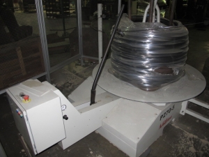 2008 AIM CNC WIRE FORMER & BENDER, 3 DIMENSIONAL, PROGRAMMABLE CNC CONTROL, MODEL 3D8T, 8MM WIRE DIAMETER RANGE, ACCUFORM MODULAR, MAX. WIRE TENSILE AT MAX. WIRE DIAMETER: 8kPSI, SINGLE END THREADING MODULE, S/N C6F08292008; W/ 2008 AIM P270-5 TURNTABLE, ONLY 4,767 ON TIME HOURS-1