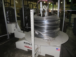 2008 AIM CNC WIRE FORMER & BENDER, 3 DIMENSIONAL, PROGRAMMABLE CNC CONTROL, MODEL 3D8T, 8MM WIRE DIAMETER RANGE, ACCUFORM MODULAR, MAX. WIRE TENSILE AT MAX. WIRE DIAMETER: 8kPSI, SINGLE END THREADING MODULE, S/N C6F08292008; W/ 2008 AIM P270-5 TURNTABLE, ONLY 4,767 ON TIME HOURS-1