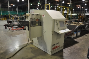 2008 AIM CNC WIRE FORMER & BENDER, 3 DIMENSIONAL, PROGRAMMABLE CNC CONTROL, MODEL 3D8T, 8MM WIRE DIAMETER RANGE, ACCUFORM MODULAR, MAX. WIRE TENSILE AT MAX. WIRE DIAMETER: 8kPSI, SINGLE END THREADING MODULE, S/N C6F08292008; W/ 2008 AIM P270-5 TURNTABLE, ONLY 4,767 ON TIME HOURS-1