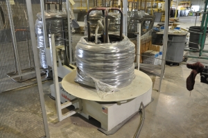 2008 AIM CNC WIRE FORMER & BENDER, 3 DIMENSIONAL, PROGRAMMABLE CNC CONTROL, MODEL 3D8T, 8MM WIRE DIAMETER RANGE, ACCUFORM MODULAR, MAX. WIRE TENSILE AT MAX. WIRE DIAMETER: 8kPSI, SINGLE END THREADING MODULE, S/N C6F08292008; W/ 2008 AIM P270-5 TURNTABLE, ONLY 4,767 ON TIME HOURS-1