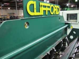 1999 CLIFFORD AUTOMATIC CNC MESH WELDING LINE, MODEL CLW12, 8MM-3MM LINE WIRE DIAMETER, 20 WIRE LINES, CROSSWIRE DIAMETER: 6MM, CROSSWIRE LENGTH: 1300 MM, LINEWIRE PITCH: INFINITELY VARIABLE FROM 10MM, CROSSWIRE FEED: SINGLE GAP TYPE MAGAZINE TOOLED FOR PRODUCING 2 MATS, SIDE BY SIDE, (10) WELDPRESSES, (20) BOTTOM ELECTRODES, (4) 125 KVA WELDING TRANSFORMERS, 120 CROSSWIRES MAX. SPEED, LINEAR MODEL QM12/25 PAILOUT, AUTOMATIC SHEET STACKER, WATER COOLING SYSTEM, MITSUISHI A1 CNC CONTROL, S/N 8874, SHEET STACKER, S/N 8979, (2) ENCLOSED CARTS FULL OF WELDING TIPS AND REALTED TOOLING INCLUDED WITH MACHINE-2