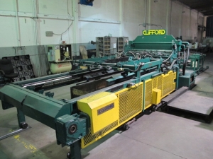 1999 CLIFFORD AUTOMATIC CNC MESH WELDING LINE, MODEL CLW12, 8MM-3MM LINE WIRE DIAMETER, 20 WIRE LINES, CROSSWIRE DIAMETER: 6MM, CROSSWIRE LENGTH: 1300 MM, LINEWIRE PITCH: INFINITELY VARIABLE FROM 10MM, CROSSWIRE FEED: SINGLE GAP TYPE MAGAZINE TOOLED FOR PRODUCING 2 MATS, SIDE BY SIDE, (10) WELDPRESSES, (20) BOTTOM ELECTRODES, (4) 125 KVA WELDING TRANSFORMERS, 120 CROSSWIRES MAX. SPEED, LINEAR MODEL QM12/25 PAILOUT, AUTOMATIC SHEET STACKER, WATER COOLING SYSTEM, MITSUISHI A1 CNC CONTROL, S/N 8874, SHEET STACKER, S/N 8979, (2) ENCLOSED CARTS FULL OF WELDING TIPS AND REALTED TOOLING INCLUDED WITH MACHINE-2