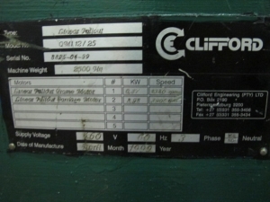 1999 CLIFFORD AUTOMATIC CNC MESH WELDING LINE, MODEL CLW12, 8MM-3MM LINE WIRE DIAMETER, 20 WIRE LINES, CROSSWIRE DIAMETER: 6MM, CROSSWIRE LENGTH: 1300 MM, LINEWIRE PITCH: INFINITELY VARIABLE FROM 10MM, CROSSWIRE FEED: SINGLE GAP TYPE MAGAZINE TOOLED FOR PRODUCING 2 MATS, SIDE BY SIDE, (10) WELDPRESSES, (20) BOTTOM ELECTRODES, (4) 125 KVA WELDING TRANSFORMERS, 120 CROSSWIRES MAX. SPEED, LINEAR MODEL QM12/25 PAILOUT, AUTOMATIC SHEET STACKER, WATER COOLING SYSTEM, MITSUISHI A1 CNC CONTROL, S/N 8874, SHEET STACKER, S/N 8979, (2) ENCLOSED CARTS FULL OF WELDING TIPS AND REALTED TOOLING INCLUDED WITH MACHINE-2