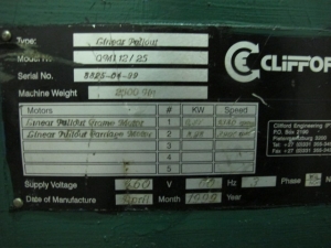 1999 CLIFFORD AUTOMATIC CNC MESH WELDING LINE, MODEL CLW12, 8MM-3MM LINE WIRE DIAMETER, 20 WIRE LINES, CROSSWIRE DIAMETER: 6MM, CROSSWIRE LENGTH: 1300 MM, LINEWIRE PITCH: INFINITELY VARIABLE FROM 10MM, CROSSWIRE FEED: SINGLE GAP TYPE MAGAZINE TOOLED FOR PRODUCING 2 MATS, SIDE BY SIDE, (10) WELDPRESSES, (20) BOTTOM ELECTRODES, (4) 125 KVA WELDING TRANSFORMERS, 120 CROSSWIRES MAX. SPEED, LINEAR MODEL QM12/25 PAILOUT, AUTOMATIC SHEET STACKER, WATER COOLING SYSTEM, MITSUISHI A1 CNC CONTROL, S/N 8874, SHEET STACKER, S/N 8979, (2) ENCLOSED CARTS FULL OF WELDING TIPS AND REALTED TOOLING INCLUDED WITH MACHINE-2
