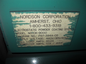 NORDSON, MODEL CK-9000, POWDER COATING BOOTH, CYCLONE TYPE POWDER, 9000 CFM, (8) AUTOMATIC SPRAY GUNS, APPROX. 60î X 72î OPENINGS, APPROX. 22Í INTERIOR BOOTH LENGTH, SINGLE PASS, I- CONTROL SYSTEM, DIAGRAM NO. P97-394A-05, POWER COATING GUNS, ETC-20