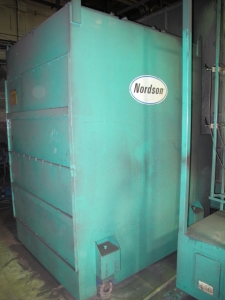 NORDSON, MODEL CK-9000, POWDER COATING BOOTH, CYCLONE TYPE POWDER, 9000 CFM, (8) AUTOMATIC SPRAY GUNS, APPROX. 60î X 72î OPENINGS, APPROX. 22Í INTERIOR BOOTH LENGTH, SINGLE PASS, I- CONTROL SYSTEM, DIAGRAM NO. P97-394A-05, POWER COATING GUNS, ETC-20