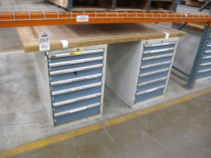 LOT TO INCLUDE: BUTCHER BLOCK TABLE TOP 72"L X 30"W, (2) LISTA 7 DRAWER CABINETS WITH MISC. CONTENTS. LOADING & HANDLING $15-1707