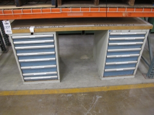 LOT TO INCLUDE: BUTCHER BLOCK TABLE TOP 72"L X 30"W, (1) LISTA 8 DRAWER CABINET WITH MISC. CONTENTS, (1) LISTA 7 DRAWER CABINET WITH MISC. CONTENTS. LOADING & HANDLING $15-1709