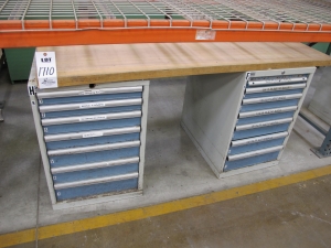 LOT TO INCLUDE: BUTCHER BLOCK TABLE TOP 72"L X 30"W, (2) LISTA 7 DRAWER CABINET WITH MISC. ELECTRICAL CONTENTS. LOADING & HANDLING $15-1710