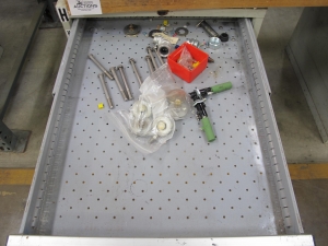 LOT TO INCLUDE: BUTCHER BLOCK TABLE TOP 72"L X 30"W, (2) LISTA 7 DRAWER CABINET WITH MISC. ELECTRICAL CONTENTS. LOADING & HANDLING $15-1710