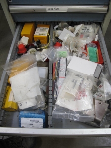 LOT TO INCLUDE: BUTCHER BLOCK TABLE TOP 72"L X 30"W, (2) LISTA 7 DRAWER CABINET WITH MISC. ELECTRICAL CONTENTS. LOADING & HANDLING $15-1710