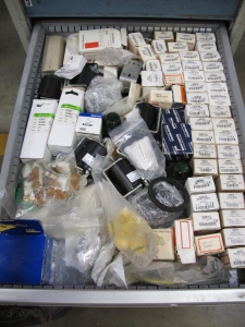 LOT TO INCLUDE: BUTCHER BLOCK TABLE TOP 72"L X 30"W, (2) LISTA 7 DRAWER CABINET WITH MISC. ELECTRICAL CONTENTS. LOADING & HANDLING $15-1710