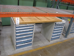 LOT TO INCLUDE: BUTCHER BLOCK TABLE TOP 63"L X 30"W, (2) LISTA 7 DRAWER CABINET WITH MISC. ELECTRICAL CONTENTS. LOADING & HANDLING $15-1711