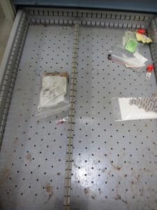 LOT TO INCLUDE: BUTCHER BLOCK TABLE TOP 63"L X 30"W, (2) LISTA 7 DRAWER CABINET WITH MISC. ELECTRICAL CONTENTS. LOADING & HANDLING $15-1711