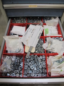 LOT TO INCLUDE: BUTCHER BLOCK TABLE TOP 63"L X 30"W, (2) LISTA 7 DRAWER CABINET WITH MISC. ELECTRICAL CONTENTS. LOADING & HANDLING $15-1711