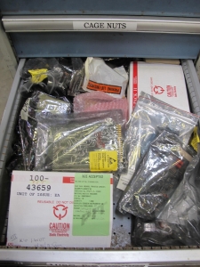 LOT TO INCLUDE: BUTCHER BLOCK TABLE TOP 63"L X 30"W, (2) LISTA 7 DRAWER CABINET WITH MISC. ELECTRICAL CONTENTS. LOADING & HANDLING $15-1711