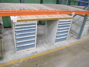LOT TO INCLUDE: BUTCHER BLOCK TABLE TOP 72"L X 30"W, (2) LISTA 7 DRAWER CABINET WITH MISC. BOLTS, NUTS, SCREWS, AND FITTINGS. LOADING & HANDLING $15-1712