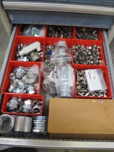 LOT TO INCLUDE: BUTCHER BLOCK TABLE TOP 72"L X 30"W, (2) LISTA 7 DRAWER CABINET WITH MISC. BOLTS, NUTS, SCREWS, AND FITTINGS. LOADING & HANDLING $15-1712