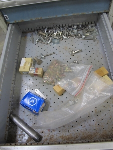 LOT TO INCLUDE: BUTCHER BLOCK TABLE TOP 72"L X 30"W, (2) LISTA 7 DRAWER CABINET WITH MISC. BOLTS, NUTS, SCREWS, AND FITTINGS. LOADING & HANDLING $15-1712