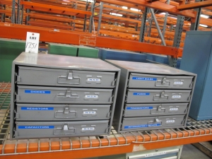 (2) 4 DRAWER PARTS CABINETS WITH CARRY DRAWERS TO INCLUDE CONTENTS: DIODES, RESISTORS, CAPACITORS, LIGHT BULBS, FUSES, TRANSISTORS, CIRCUITS. LOADING & HANDLING $15-1751