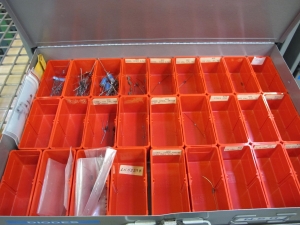 (2) 4 DRAWER PARTS CABINETS WITH CARRY DRAWERS TO INCLUDE CONTENTS: DIODES, RESISTORS, CAPACITORS, LIGHT BULBS, FUSES, TRANSISTORS, CIRCUITS. LOADING & HANDLING $15-1751