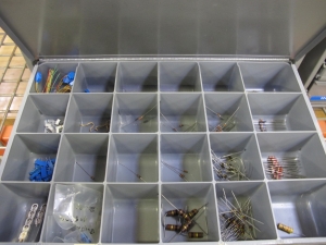 (2) 4 DRAWER PARTS CABINETS WITH CARRY DRAWERS TO INCLUDE CONTENTS: DIODES, RESISTORS, CAPACITORS, LIGHT BULBS, FUSES, TRANSISTORS, CIRCUITS. LOADING & HANDLING $15-1751