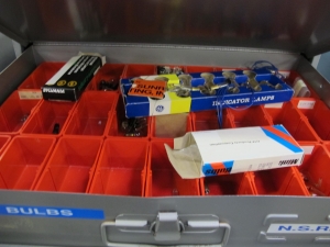 (2) 4 DRAWER PARTS CABINETS WITH CARRY DRAWERS TO INCLUDE CONTENTS: DIODES, RESISTORS, CAPACITORS, LIGHT BULBS, FUSES, TRANSISTORS, CIRCUITS. LOADING & HANDLING $15-1751