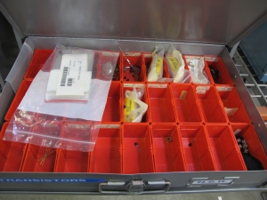 (2) 4 DRAWER PARTS CABINETS WITH CARRY DRAWERS TO INCLUDE CONTENTS: DIODES, RESISTORS, CAPACITORS, LIGHT BULBS, FUSES, TRANSISTORS, CIRCUITS. LOADING & HANDLING $15-1751