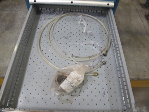 LISTA INDUSTRIAL WORK DESK, BUTCHER BLOCK TABLE TOP 60"L X 30"W, 5 DRAWER CABINET WITH CONTENTS TO INCLUDE: MISC. ITEMS. LOADING & HANDLING $15-1672