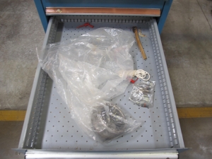 LISTA INDUSTRIAL WORK DESK, BUTCHER BLOCK TABLE TOP 60"L X 30"W, 5 DRAWER CABINET WITH CONTENTS TO INCLUDE: MISC. ITEMS. LOADING & HANDLING $15-1672