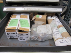 STANLEY VIDMAR 13 DRAWER CABINET WITH CONTENTS TO INCLUDE: PUMP FILTERS, GASKETS, BRASS ITEMS, PLUNGER. LOADING & HANDLING $15-1684