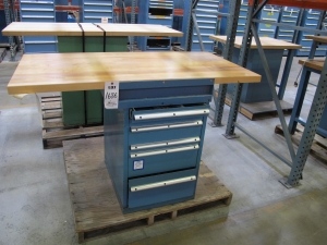 LISTA INDUSTRIAL WORK DESK, BUTCHER BLOCK TABLE TOP 60"L X 30"W, 5 DRAWER CABINET WITH CONTENTS TO INCLUDE: MISC. WIRES, TAPE, PRECISION SCREWDRIVERS. LOADING & HANDLING $15-1686