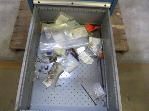 LISTA INDUSTRIAL WORK DESK, BUTCHER BLOCK TABLE TOP 60"L X 30"W, 5 DRAWER CABINET WITH CONTENTS TO INCLUDE: MISC. WIRES, TAPE, PRECISION SCREWDRIVERS. LOADING & HANDLING $15-1686