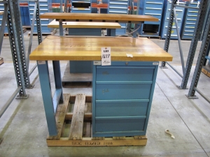 LISTA INDUSTRIAL WORK DESK, BUTCHER BLOCK TABLE TOP 48"L X 30"W, SHELF, 4 DRAWER CABINET WITH CONTENTS TO INCLUDE: MISC. ELECTRICAL TEST FITTINGS, LEATHER GLOVES, PADDED SWEATBANDS. LOADING & HANDLING $15-1688