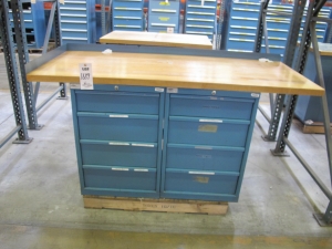 LOT TO INCLUDE: BUTCHER BLOCK TABLE TOP 72"L X 30"W, (2) LISTA 4 DRAWER CABINETS WITH CONTENTS TO INCLUDE: MISC. ELECTRIC CONNECTORS, ELECTRIC TESTING EQUIPMENT, OFFICE SUPPLIES. LOADING & HANDLING $15-1689