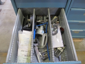 LOT TO INCLUDE: BUTCHER BLOCK TABLE TOP 72"L X 30"W, (2) LISTA 4 DRAWER CABINETS WITH CONTENTS TO INCLUDE: MISC. ELECTRIC CONNECTORS, ELECTRIC TESTING EQUIPMENT, OFFICE SUPPLIES. LOADING & HANDLING $15-1689