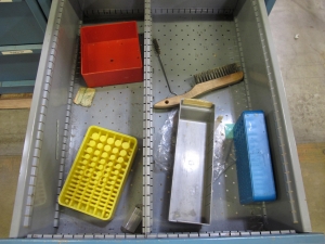 LOT TO INCLUDE: BUTCHER BLOCK TABLE TOP 72"L X 30"W, (2) LISTA 4 DRAWER CABINETS WITH CONTENTS TO INCLUDE: MISC. ELECTRIC CONNECTORS, ELECTRIC TESTING EQUIPMENT, OFFICE SUPPLIES. LOADING & HANDLING $15-1689