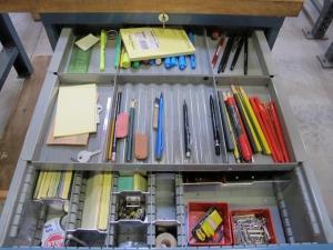 LISTA INDUSTRIAL WORK DESK, BUTCHER BLOCK TABLE TOP 48"L X 30"W, SHELF, 4 DRAWER CABINET WITH CONTENTS TO INCLUDE: MISC. OFFICE SUPPLIES, CABLES, SAFETY GLASSES, BRUSHES, ELECTRIC TESTING WIRE. LOADING & HANDLING $15-1691