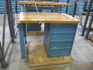 LISTA INDUSTRIAL WORK DESK, BUTCHER BLOCK TABLE TOP 48"L X 30"W, SHELF, 4 DRAWER CABINET WITH CONTENTS TO INCLUDE: MISC. OFFICE SUPPLIES, CABLES, SAFETY GLASSES, ELECTRIC TESTING WIRE. LOADING & HANDLING $15-1692