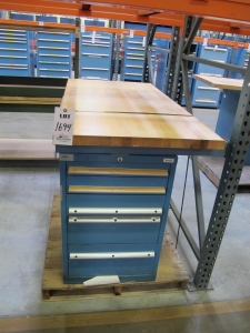 LISTA INDUSTRIAL WORK DESK, BUTCHER BLOCK TABLE TOP 60"L X 30"W, 5 DRAWER CABINET WITH CONTENTS TO INCLUDE: MISC. OFFICE SUPPLIES, TEST WIRE, EAR MUFFS. LOADING & HANDLING $15-1694