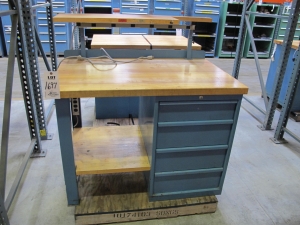 LISTA INDUSTRIAL WORK DESK, BUTCHER BLOCK TABLE TOP 48"L X 30"W, SHELF, 4 DRAWER CABINET WITH CONTENTS TO INCLUDE: MISC. OFFICE SUPPLIES, WIRING, BRUSH. LOADING & HANDLING $15-1697