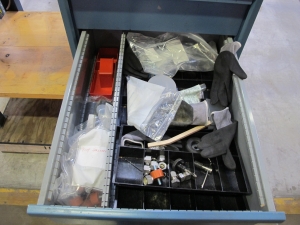 LISTA INDUSTRIAL WORK DESK, BUTCHER BLOCK TABLE TOP 48"L X 30"W, SHELF, 4 DRAWER CABINET WITH CONTENTS TO INCLUDE: MISC. OFFICE SUPPLIES, WIRING, BRUSH. LOADING & HANDLING $15-1697