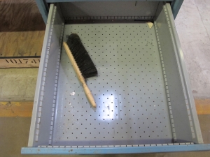 LISTA INDUSTRIAL WORK DESK, BUTCHER BLOCK TABLE TOP 48"L X 30"W, SHELF, 4 DRAWER CABINET WITH CONTENTS TO INCLUDE: MISC. OFFICE SUPPLIES, WIRING, BRUSH. LOADING & HANDLING $15-1697