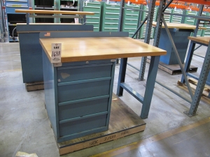LISTA INDUSTRIAL WORK DESK, BUTCHER BLOCK TABLE TOP 48"L X 30"W, 4 DRAWER CABINET WITH CONTENTS TO INCLUDE: EAR PLUGS, MISC. OFFICE SUPPLIES, WIRING, BRUSH, EAR MUFFS. LOADING & HANDLING $15-1698