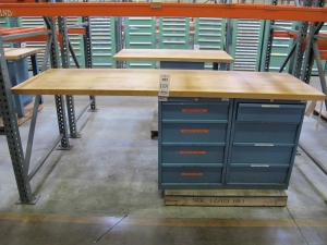 LOT TO INCLUDE: BUTCHER BLOCK TABLE TOP 96"L X 30"W, (2) LISTA 4 DRAWER CABINETS WITH CONTENTS. LOADING & HANDLING $15-1701